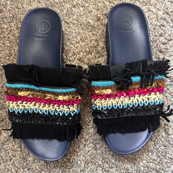 Tory Burch Isle Slide Slipon Sandal Navy Black Sequin Size 7.5 - Picture 4 of 5